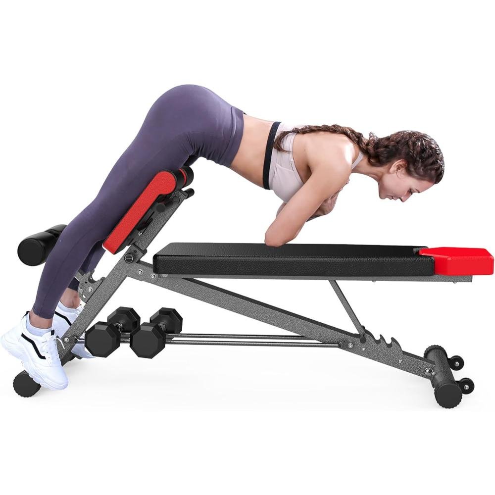 Black and red adjustable weight bench with multiple angle positions, padded leg developer, shown with woman performing workout and man doing dumbbell press
