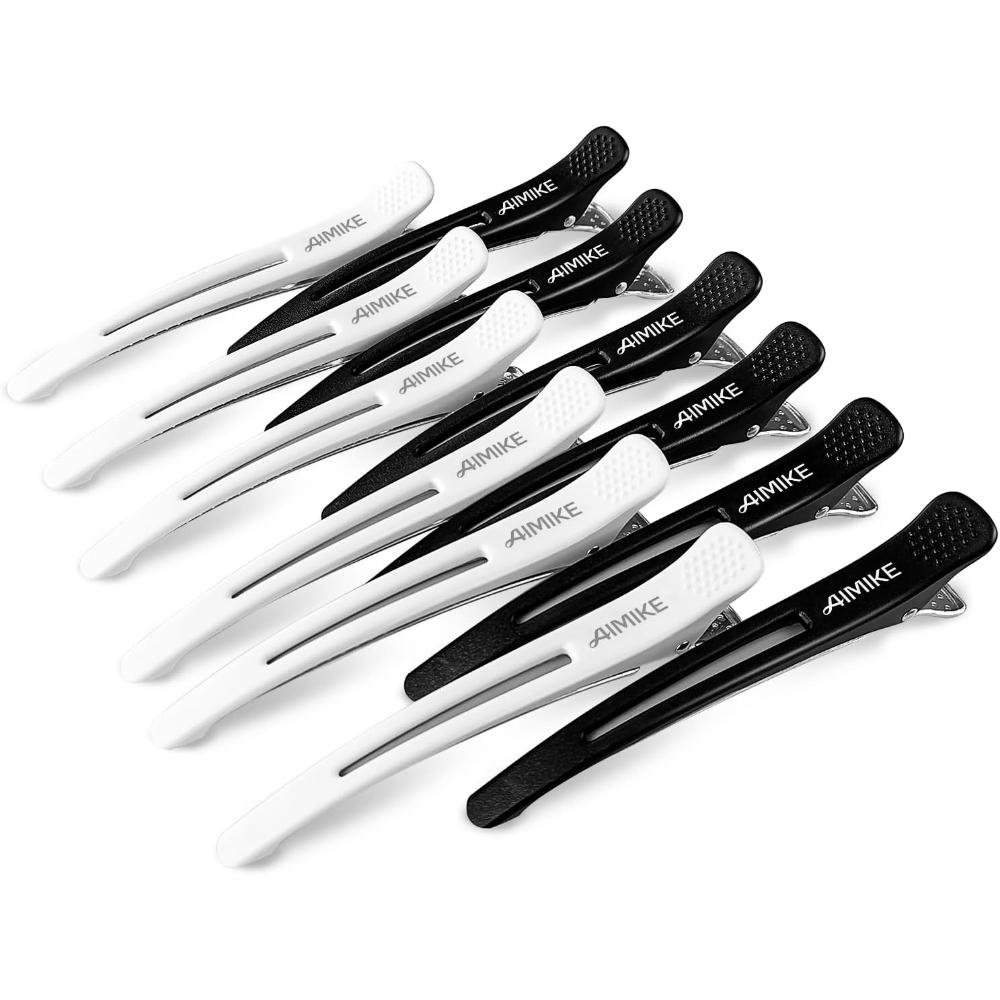 AIMIKE 12 pack professional salon hair sectioning clips in black and white with non-slip silicone band for thick and thin hair styling