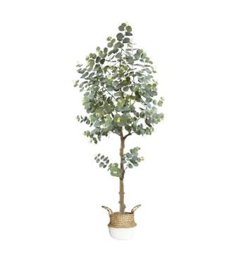 Tall artificial eucalyptus tree with realistic silver-green leaves and natural trunk in white ceramic planter with jute wrap accent