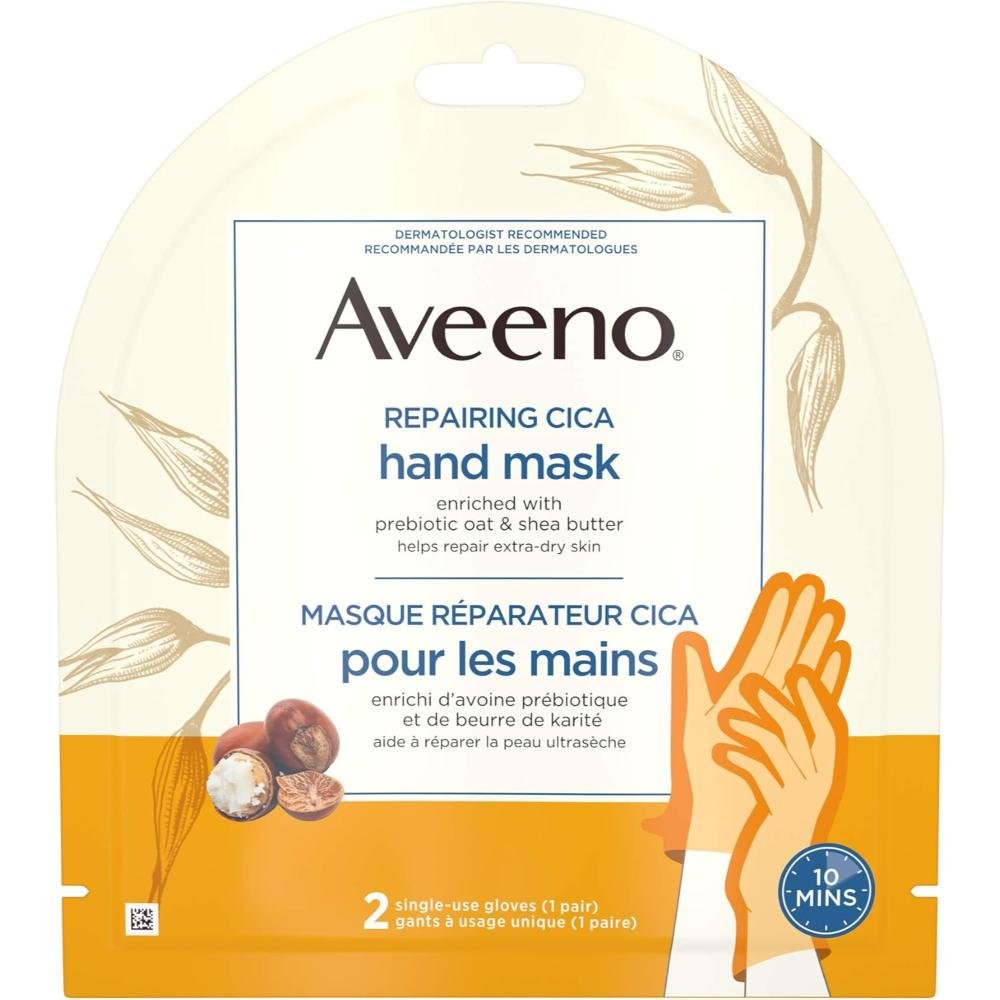 Aveeno Repairing CICA Hand Mask 2 single-use glove masks with shea butter and prebiotic oat for dry skin repair fragrance free