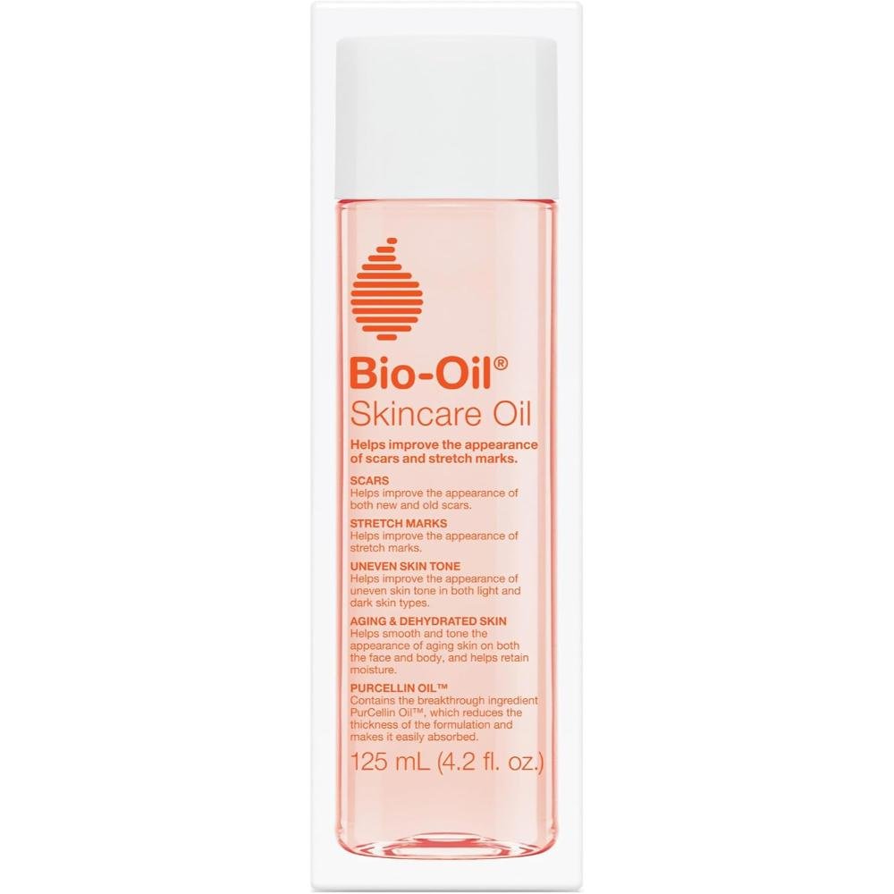 Bio-Oil Skincare Body Oil bottle for scars stretch marks uneven skin tone dry and aging skin with Vitamin A E and Purcellin Oil