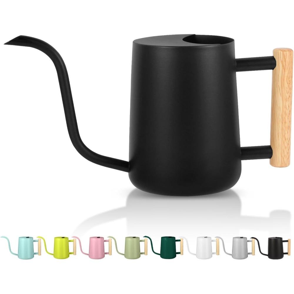 Matte black metal watering can with curved long spout and natural wood handle, shown with color options in mint, pink, sage, teal, white, and gray