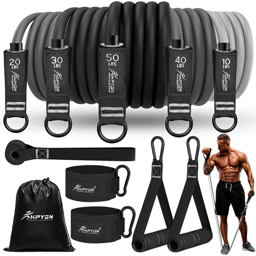 Black resistance band set with five stackable tubes in different weights, foam handles, ankle straps, door anchor, and carrying bag with muscular man