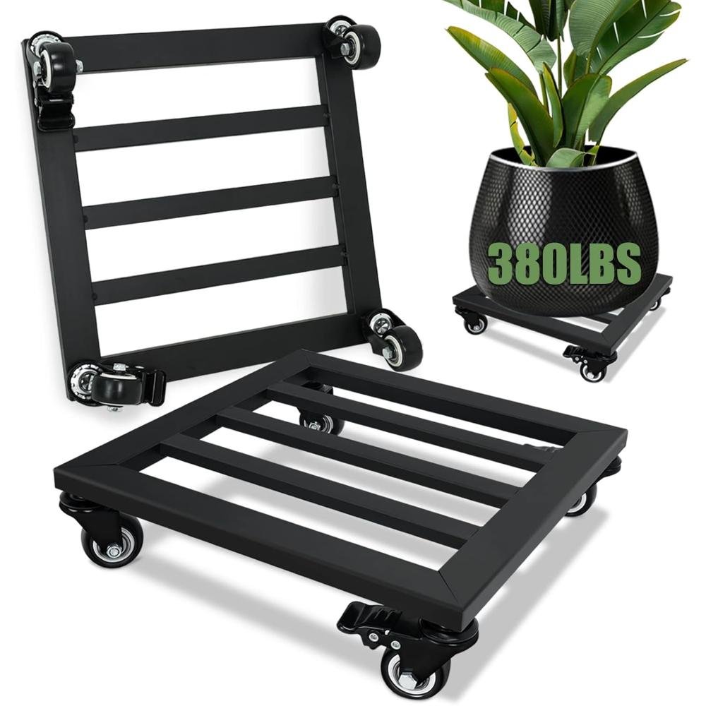 Black metal rolling plant caddy with wheels in two positions - flat and upright, shown with large bird of paradise plant in textured black pot, 380 lb weight capacity