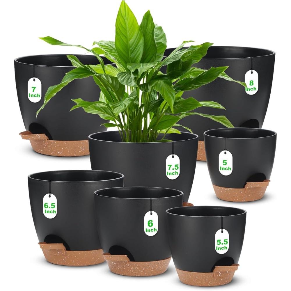 Seven black self-watering planters with natural cork bottoms in graduated sizes from 5.5 to 8 inches with attached saucers and size tags