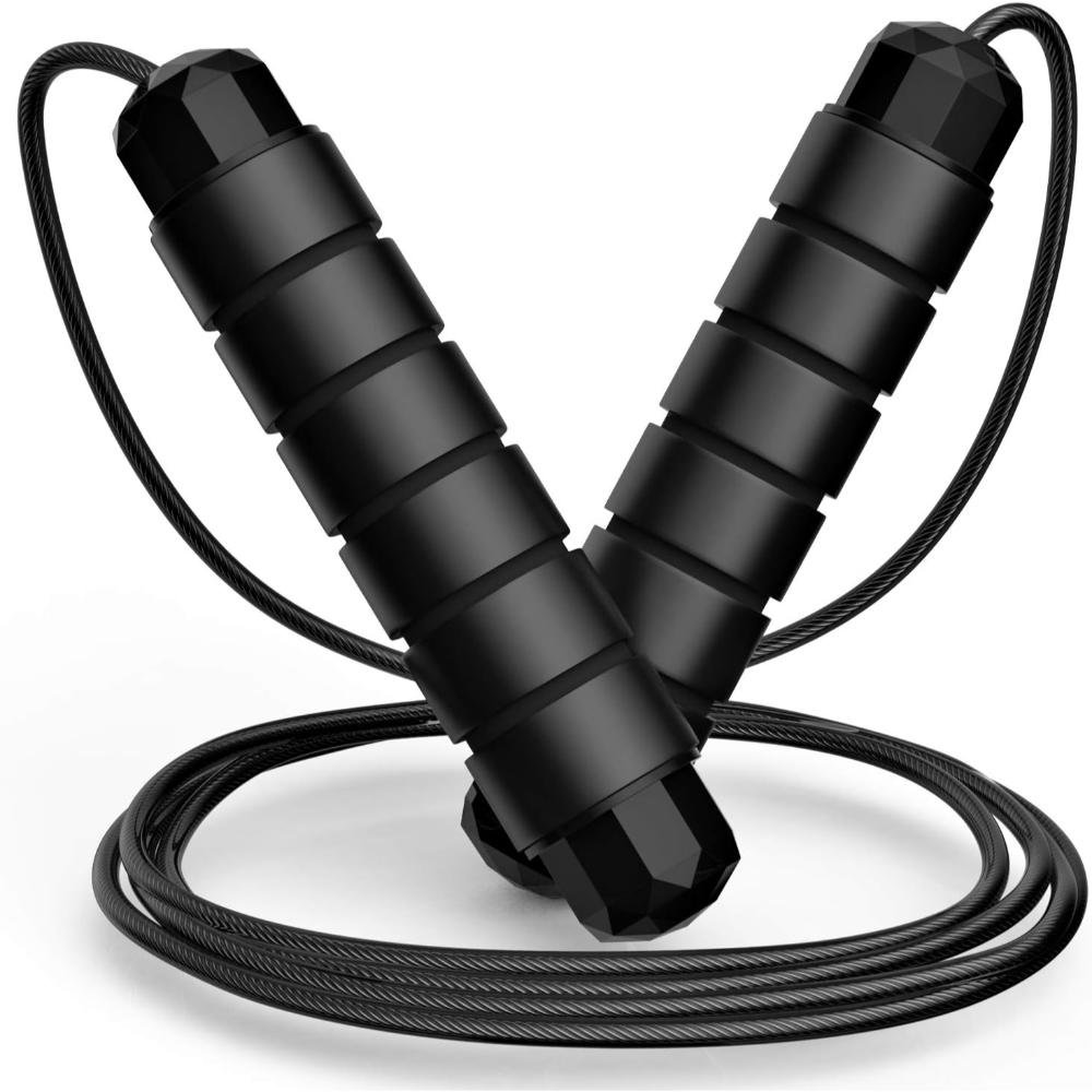 Black weighted jump rope with thick rubber handles, steel wire cable, and ball-bearing rotation system on white background