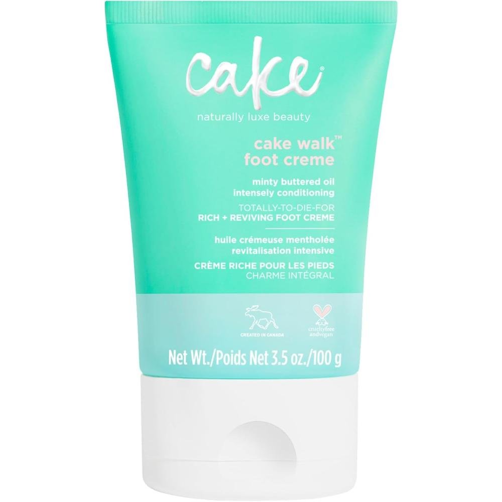 Cake Beauty Cake Walk Foot Creme teal tube 100g with minty triplemint scent cocoa butter almond and avocado oil for dry heels Canadian made vegan