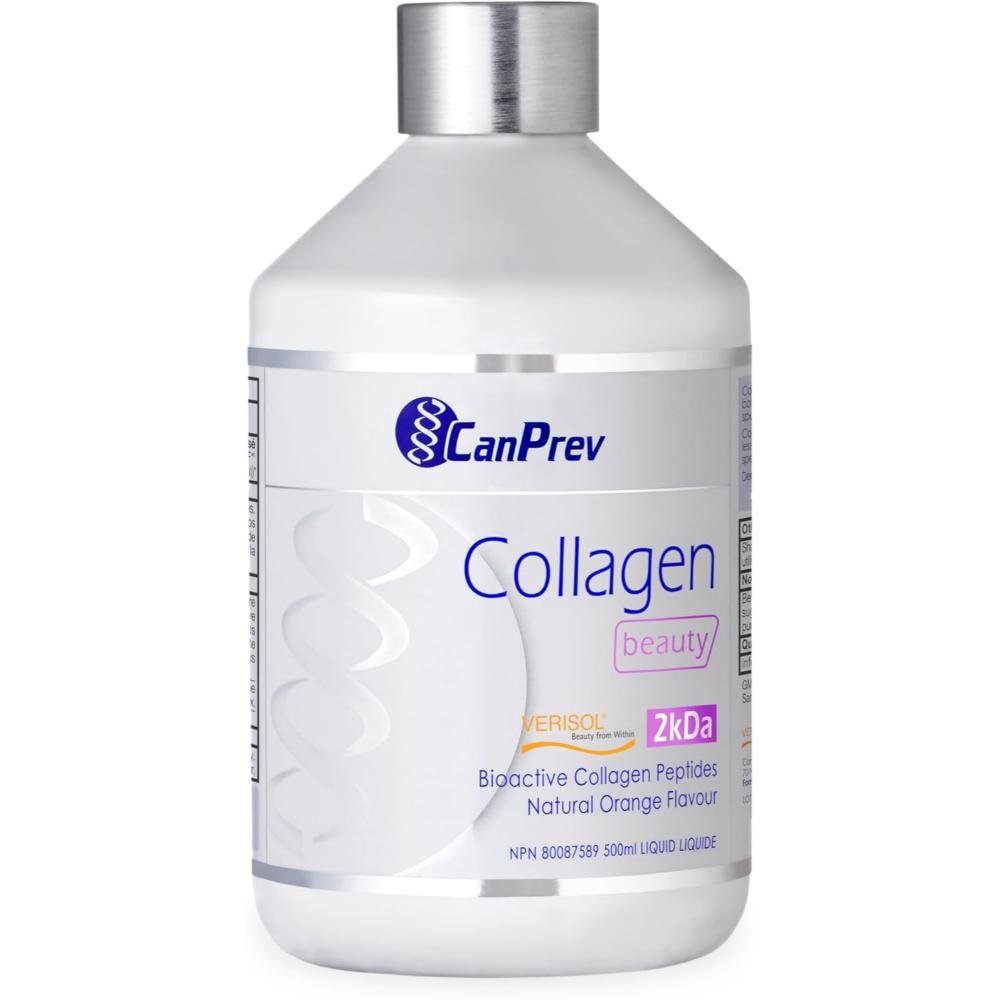 CanPrev Collagen Beauty Liquid 500ml bottle with silver cap natural orange flavour bioactive Verisol collagen peptides 2kDa supplement