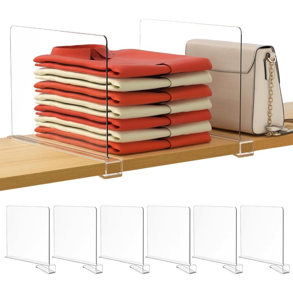 Clear acrylic shelf dividers organizing folded sweaters and purse on wooden closet shelf
