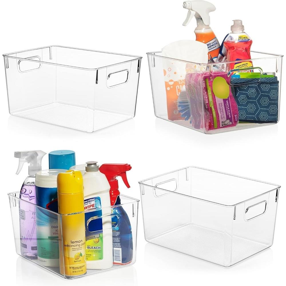 Set of clear plastic storage bins with built-in handles holding cleaning supplies and household items