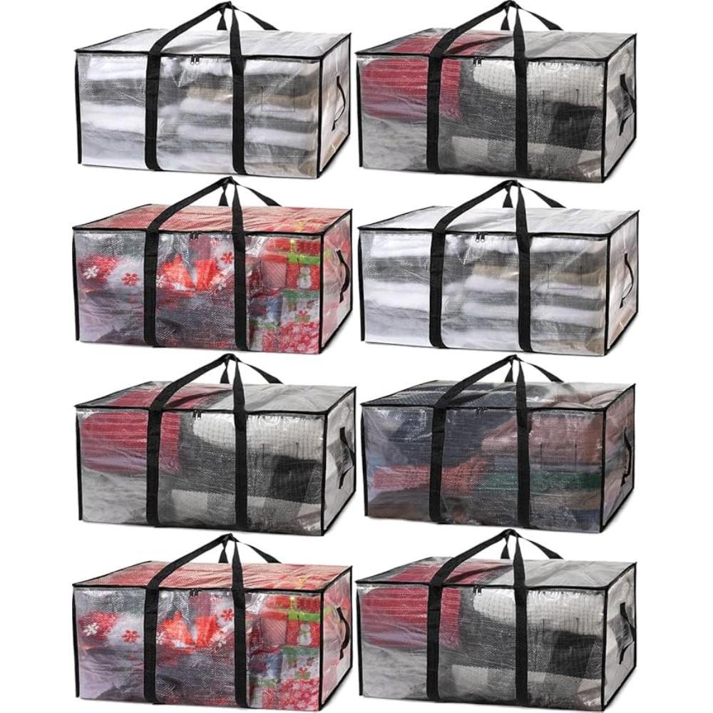 Set of clear storage bags with black handles and zippers holding seasonal decorations and clothing