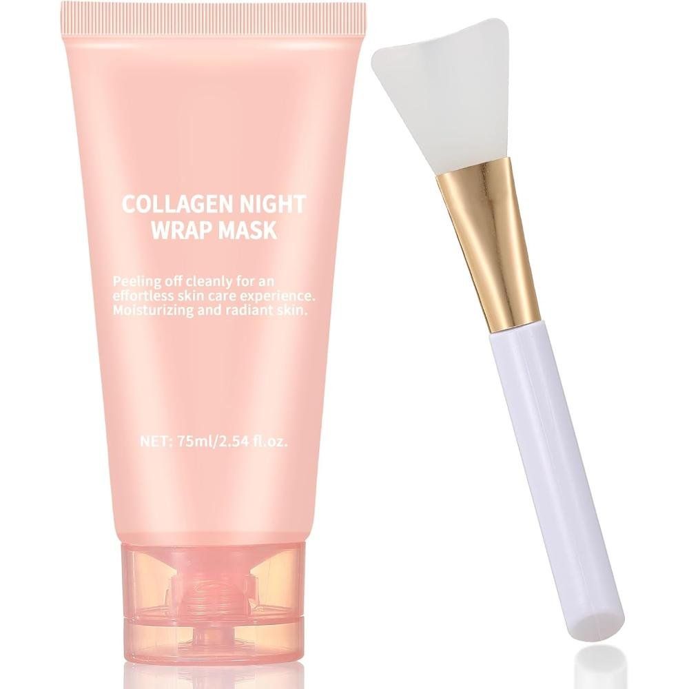 Collagen Night Wrap Mask pink tube with silicone brush applicator peel-off overnight face mask for hydration and firming