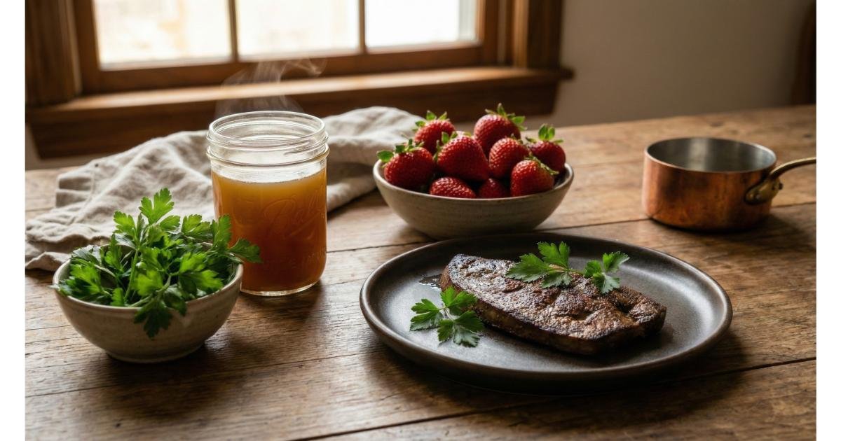 Artfully styled collagen-rich bone broth soup served in dark ceramic bowl on minimalist wooden dining table with fresh herbs, representing anti-aging nutrition and natural beauty foods
