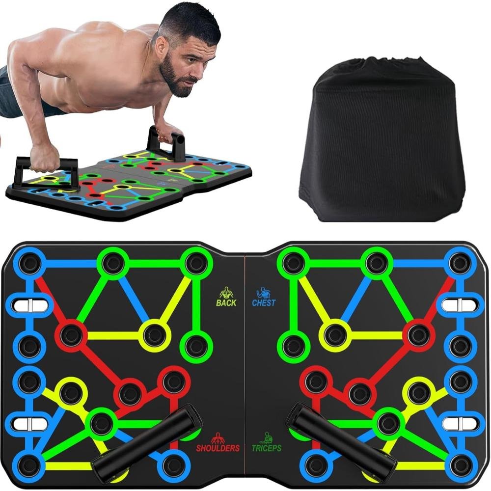Black color-coded push-up board with removable handles in multiple positions, labeled for chest, back, shoulders, and triceps targeting, shown with carrying bag