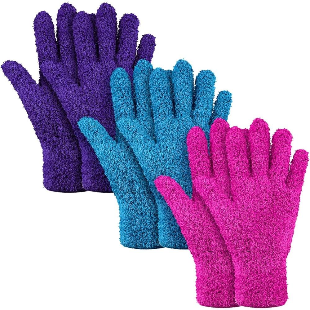 Three pairs of fuzzy microfiber gardening gloves in vibrant purple, turquoise blue, and hot pink colors for comfortable plant care and potting