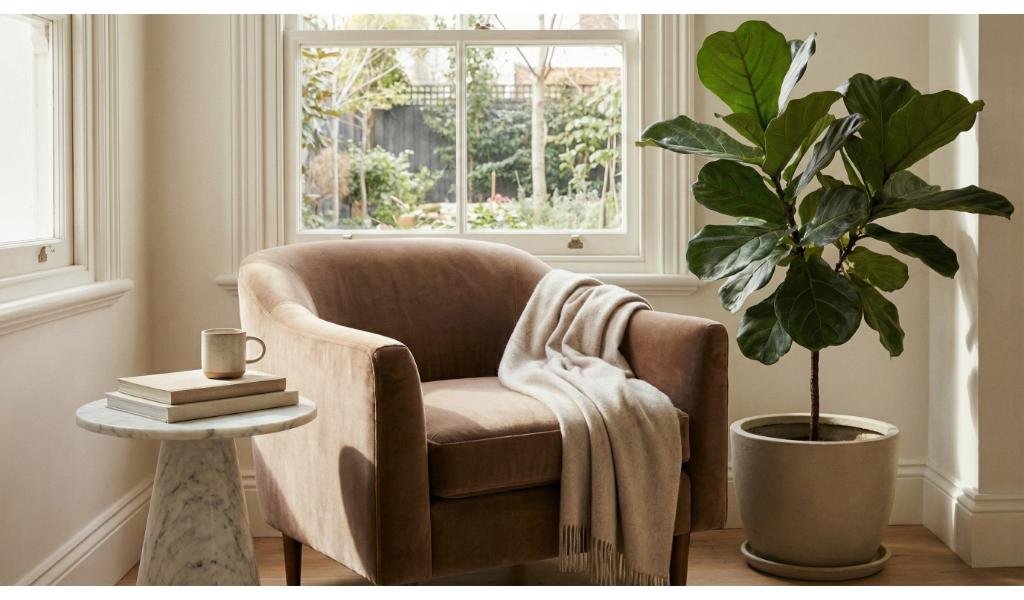 Cozy reading corner with tan velvet armchair, cream throw blanket, marble side table, and fiddle leaf fig plant by bright window