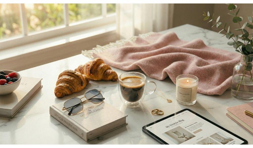 Cozy morning scene with croissants, coffee, open book with sunglasses, tablet showing blog, scented candle, pink throw blanket, and eucalyptus in glass vase on marble table by sunny window