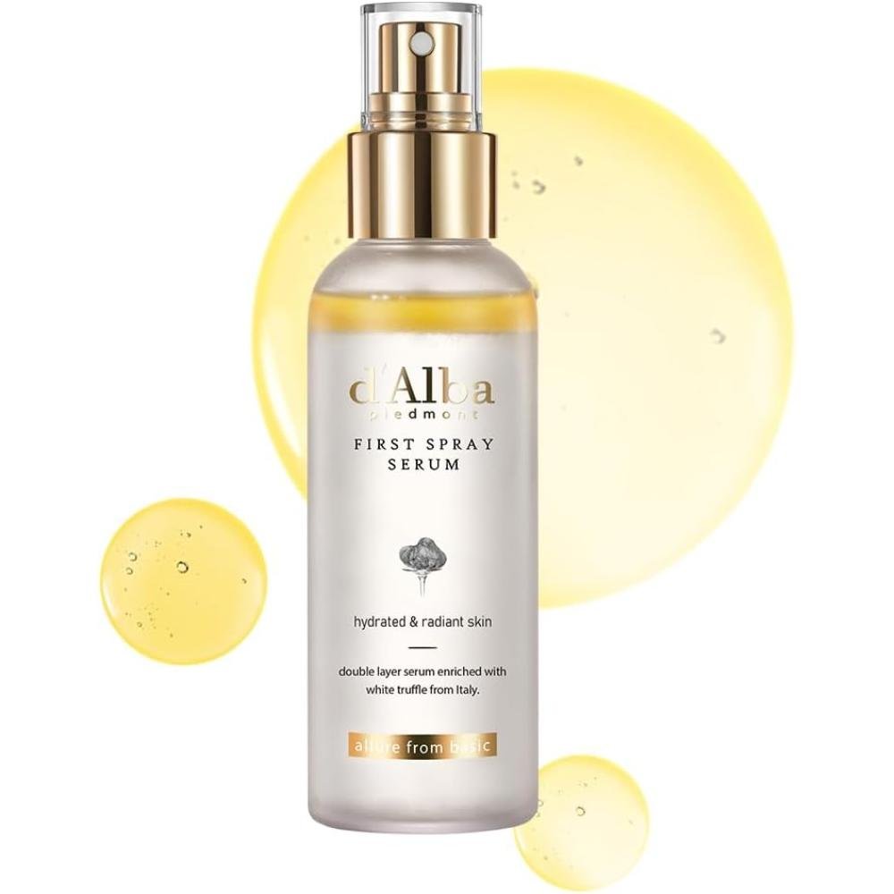 d'Alba Piedmont First Spray Serum bottle with gold cap showing double-layer white truffle serum mist for radiant glowing skin