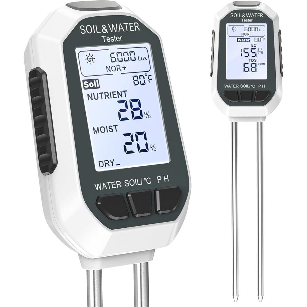 White digital soil and water testing device with LCD screen displaying moisture, nutrient, pH, and light readings with metal probe for accurate plant care monitoring