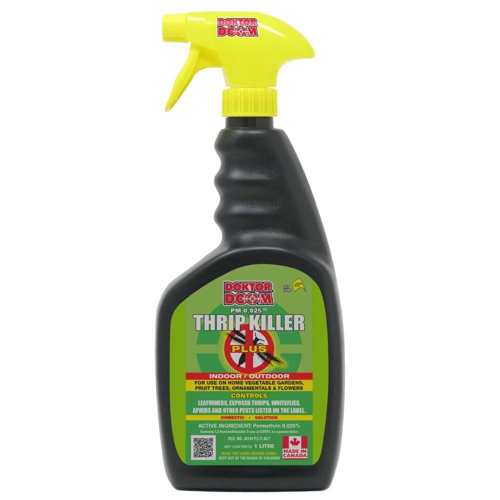Doktor Doom Thrip Killer Plus spray bottle with yellow trigger sprayer for controlling thrips, leafminers, whiteflies, and aphids on indoor and outdoor plants