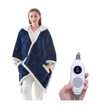 Woman wearing navy blue heated blanket wrap with cream sherpa lining and digital temperature controller with LED display shown separately