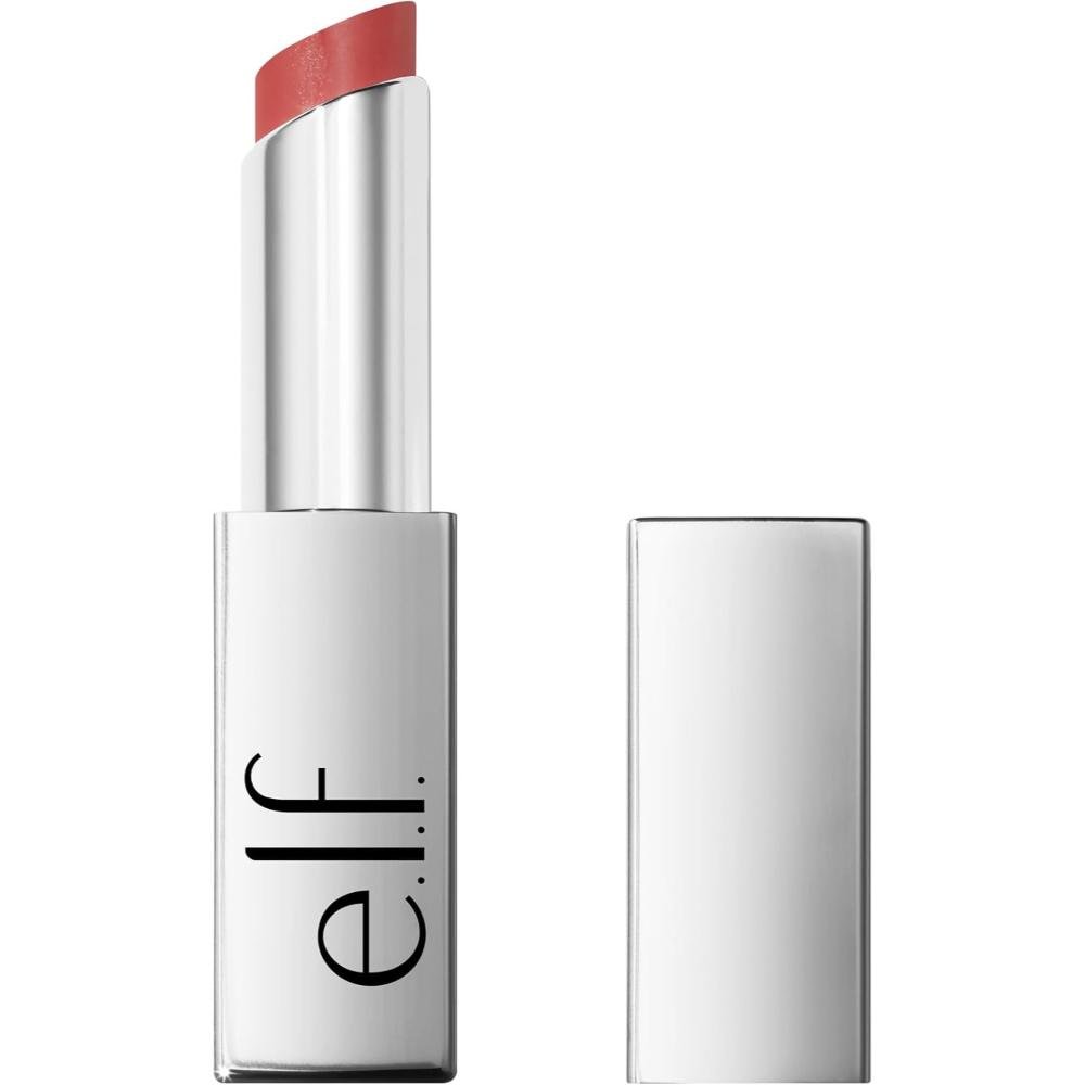 e.l.f. Glow Reviver Slipstick tinted lip oil stick in Rose Latte shade silver tube non-sticky hydrating soft shine finish vegan cruelty free
