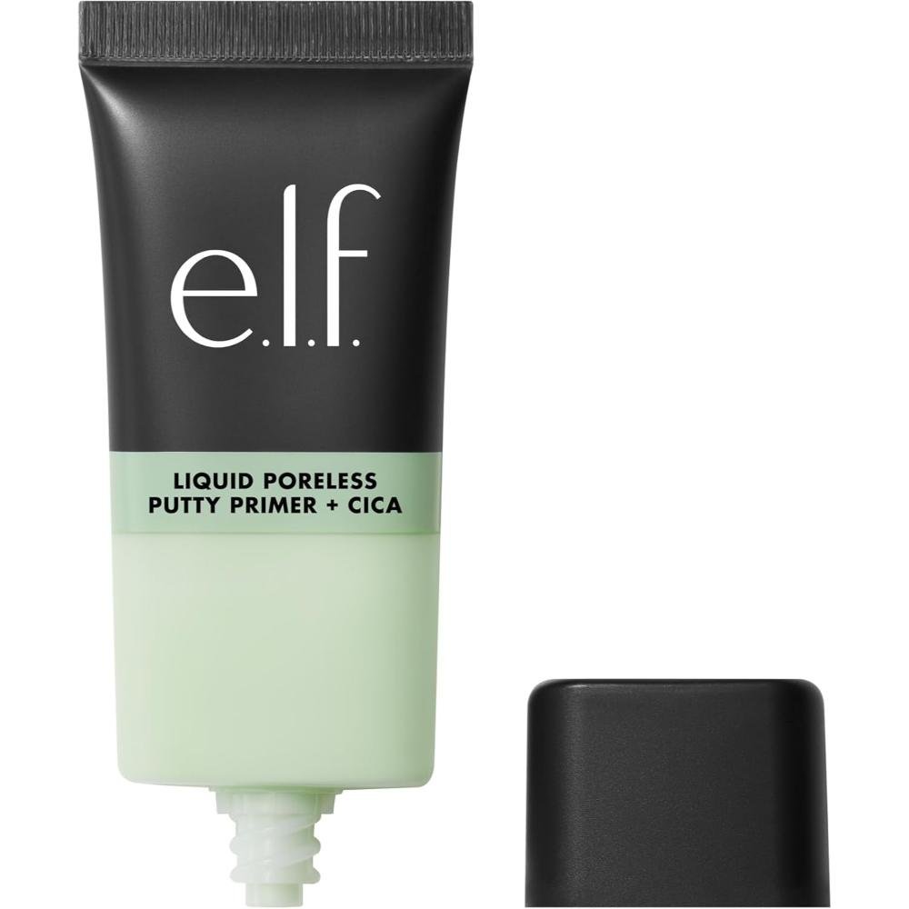e.l.f. Liquid Poreless Putty Primer plus Cica black and green tube for reducing redness soothing skin and minimizing pores vegan cruelty free