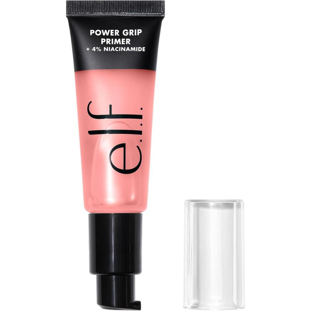 e.l.f. Power Grip Primer pink tube with black cap gel-based hydrating face primer with 4% niacinamide to even skin and grip makeup