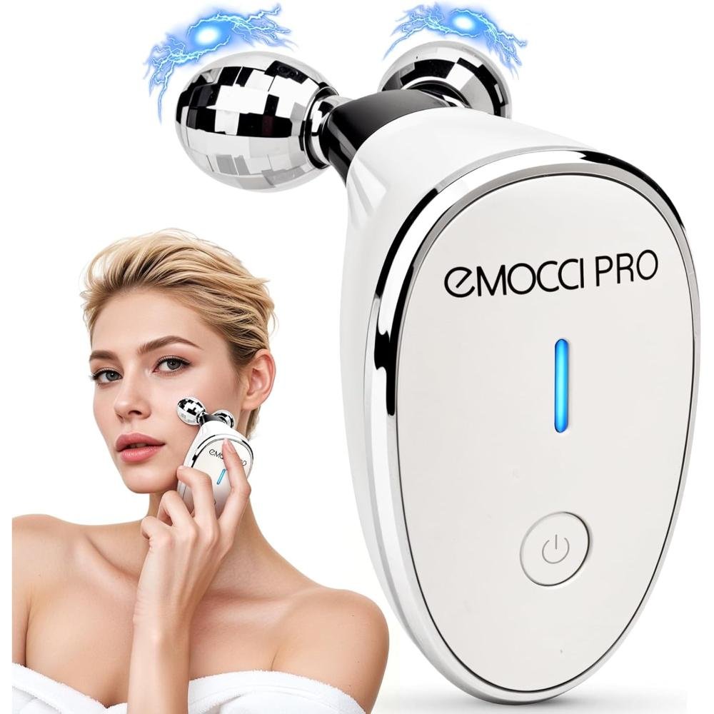 Emocci Pro microcurrent face massager white device with two silver ball heads for facial sculpting lifting tightening and gua sha