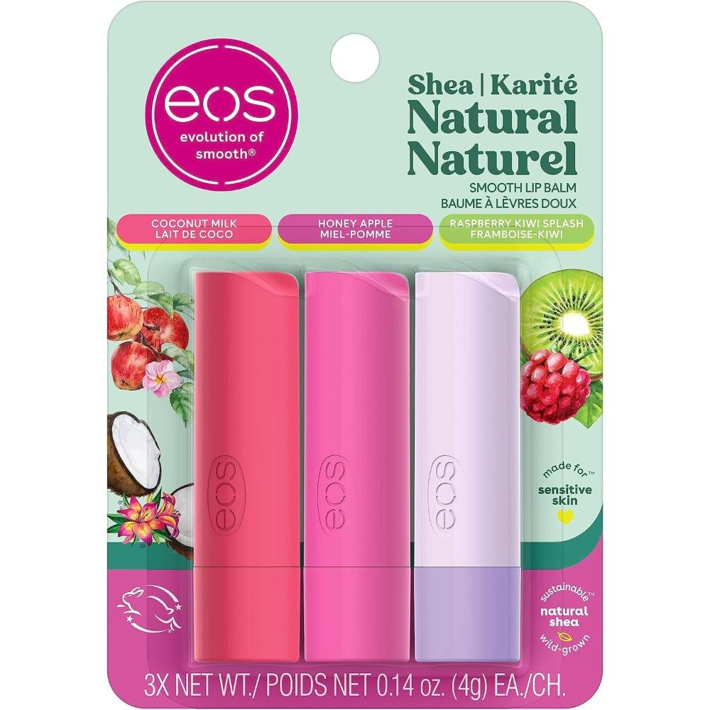 EOS Natural Organic Shea Lip Balm 3-pack with Coconut Milk Honey Apple and Raspberry Kiwi flavours smooth stick balm for sensitive skin