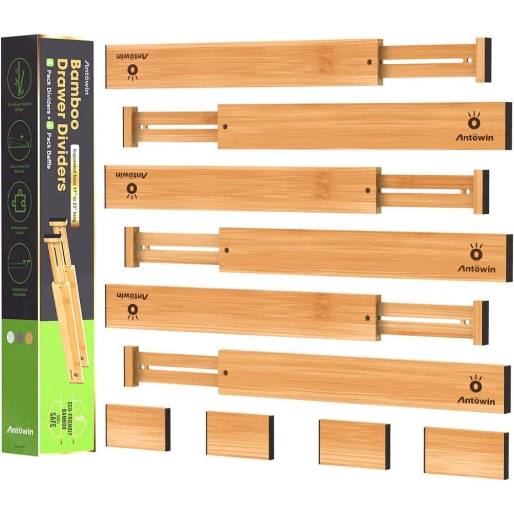 Set of expandable bamboo drawer dividers with adjustable spring-loaded design and product packaging