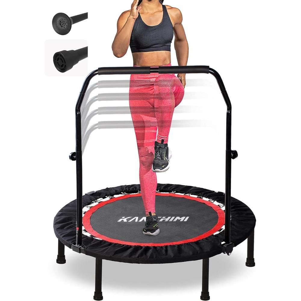 Black fitness trampoline with red trim, adjustable height handlebar, bungee cord suspension, and woman performing cardio jump workout
