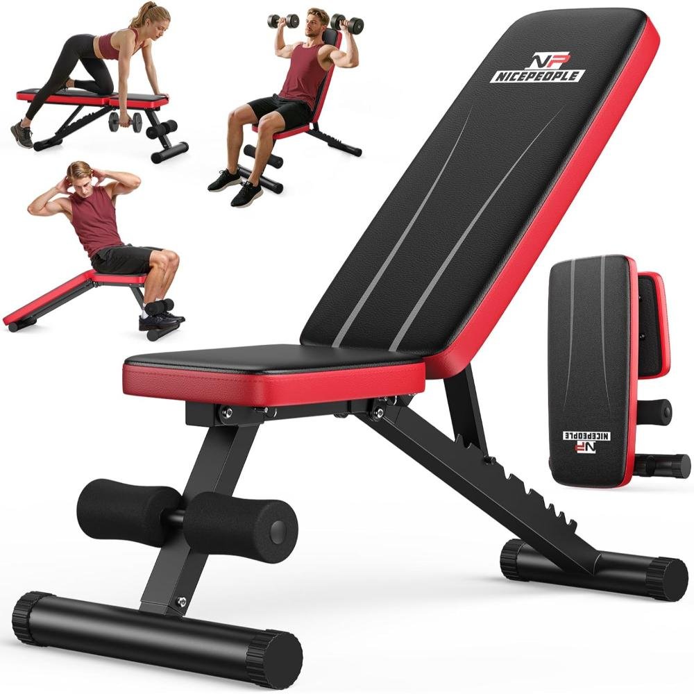 Black and red adjustable workout bench showing multiple angle positions with people demonstrating push-ups, ab exercises, and dumbbell workouts