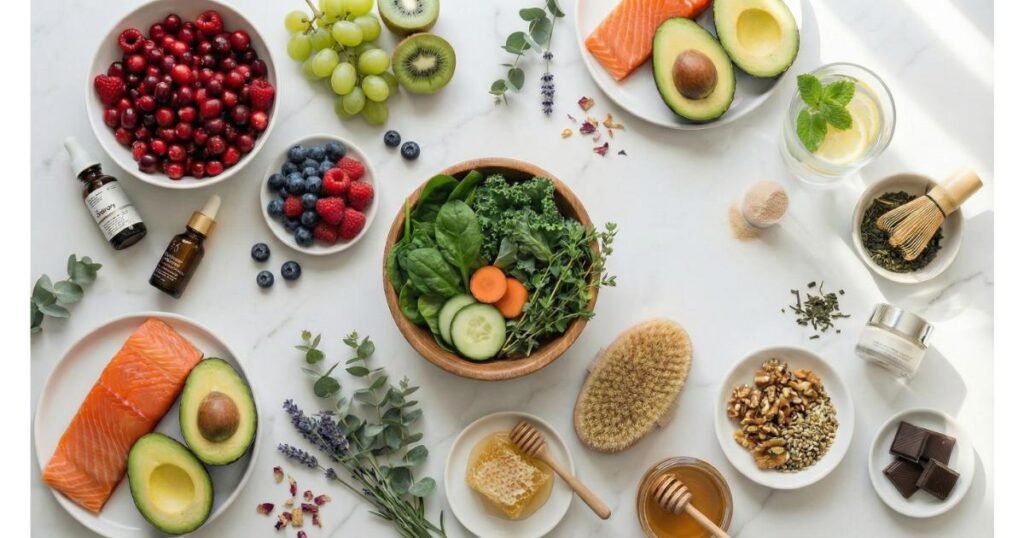Flat lay of anti-aging superfoods and natural skincare ingredients including wild salmon, avocado, cranberries, blueberries, grapes, kiwi, leafy greens, walnuts, seeds, honey, matcha green tea, dark chocolate, and essential oil serums on white marble background