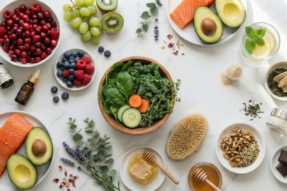 Flat lay of anti-aging superfoods and natural skincare ingredients including wild salmon, avocado, cranberries, blueberries, grapes, kiwi, leafy greens, walnuts, seeds, honey, matcha green tea, dark chocolate, and essential oil serums on white marble background
