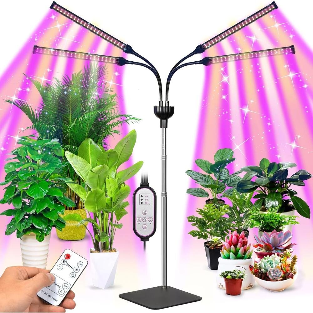 Four-arm adjustable LED grow light with pink and white spectrum illuminating various houseplants and succulents, includes remote control and timer for indoor