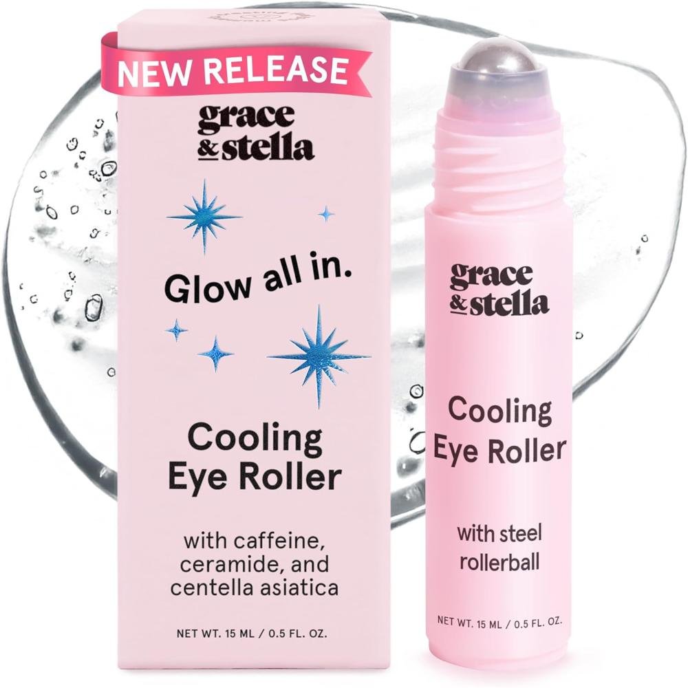Grace and Stella Cooling Eye Roller pink bottle with steel rollerball caffeine ceramide centella asiatica for under eye brightening