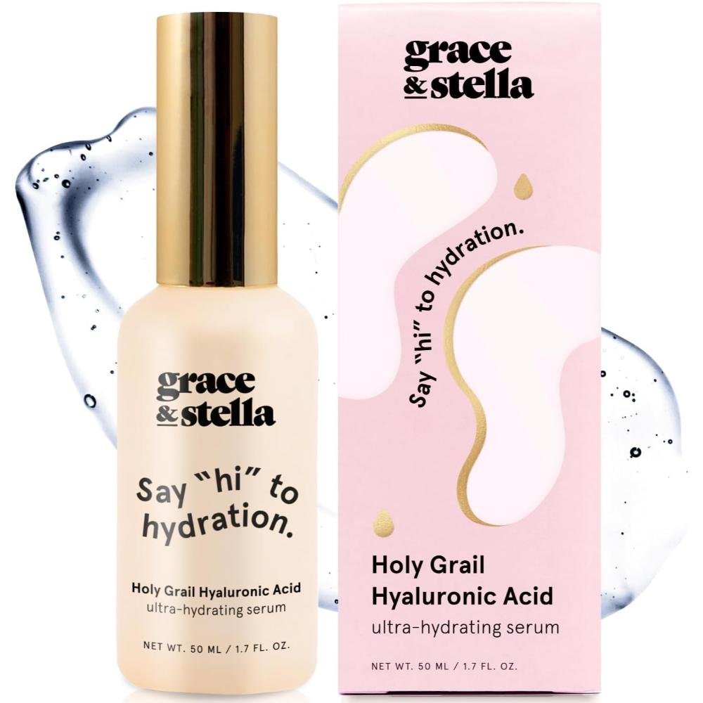 Grace and Stella Holy Grail Hyaluronic Acid serum cream bottle with pink packaging ultra hydrating face serum