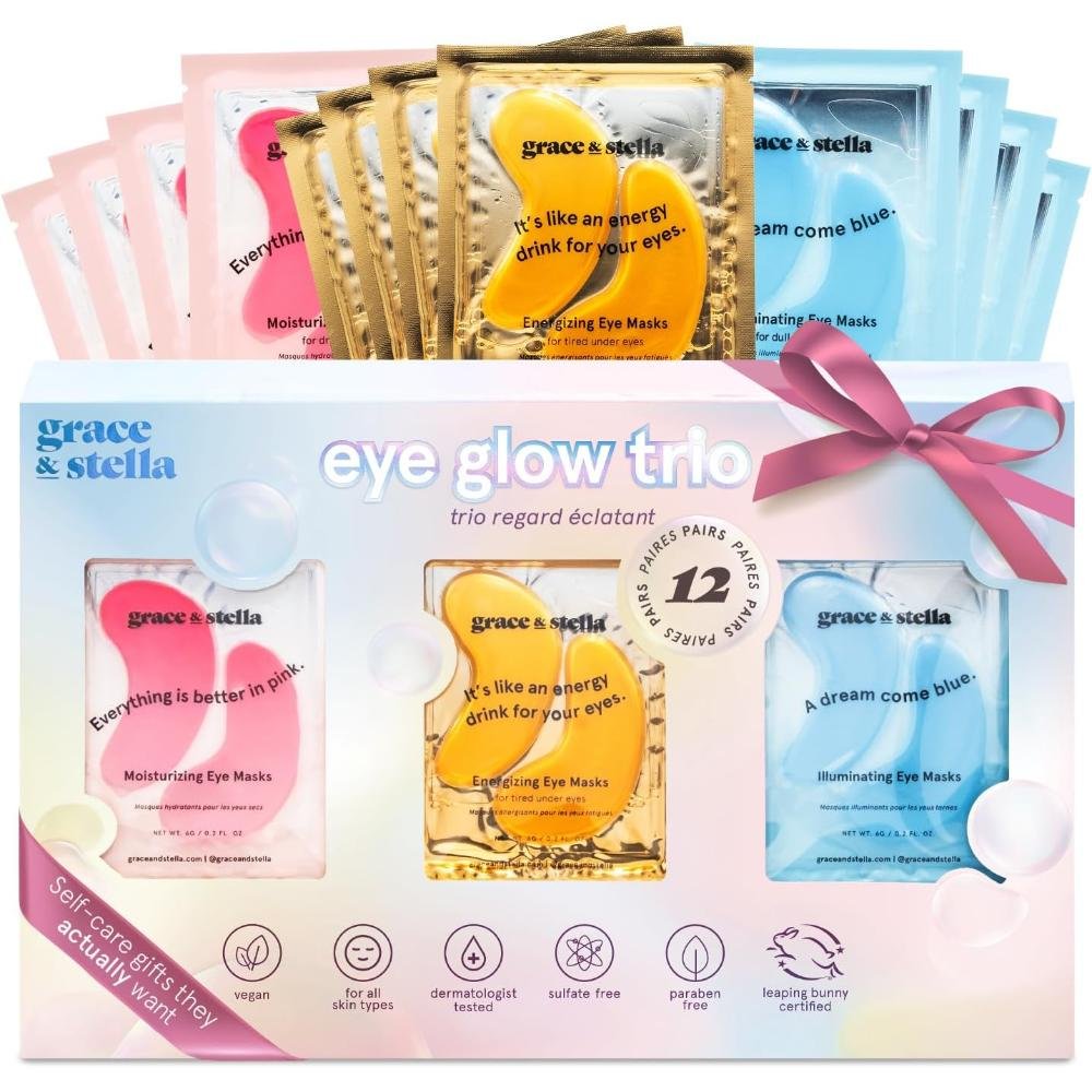 Grace and Stella Eye Glow Trio gift set box with 12 pairs of pink gold and blue under eye masks for moisturizing energizing and illuminating