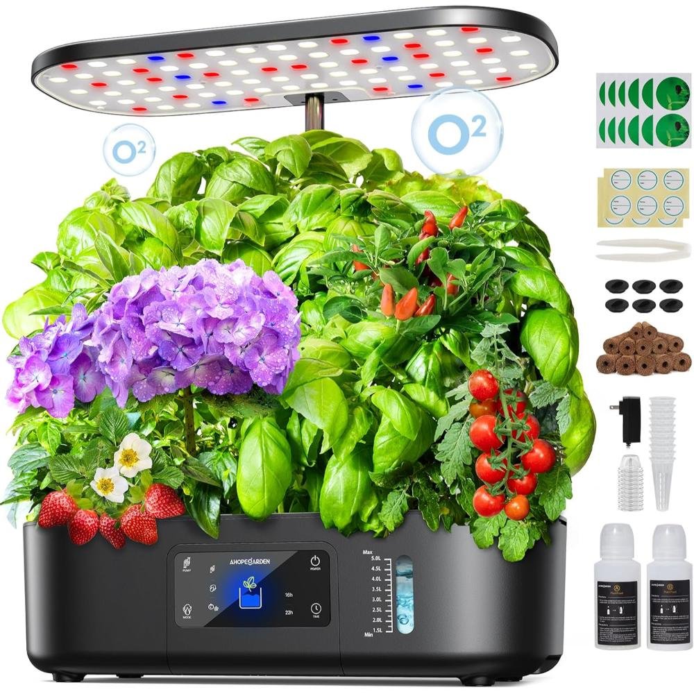Complete hydroponic growing system with overhead full-spectrum LED light growing basil, tomatoes, strawberries, purple hydrangeas with digital control panel and accessories