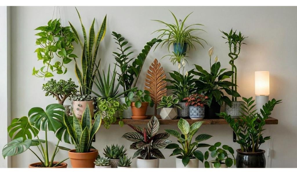 Diverse collection of indoor houseplants including snake plant, pothos, monstera, ZZ plant, peace lily, aloe vera, spider plant, and lucky bamboo displayed on wooden floating shelf and floor in various ceramic and terracotta pots