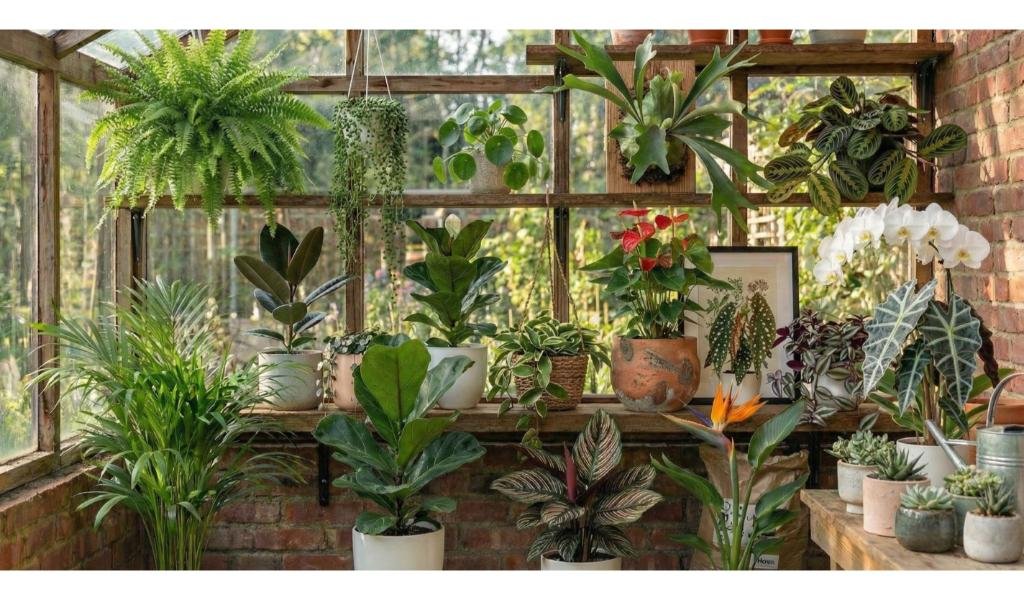 Lush indoor plant shop display with wooden shelving showcasing diverse houseplants including ferns, trailing string of pearls, orchids, bird of paradise, rubber plants, succulents, and tropical foliage in greenhouse setting with exposed brick wall and natural light