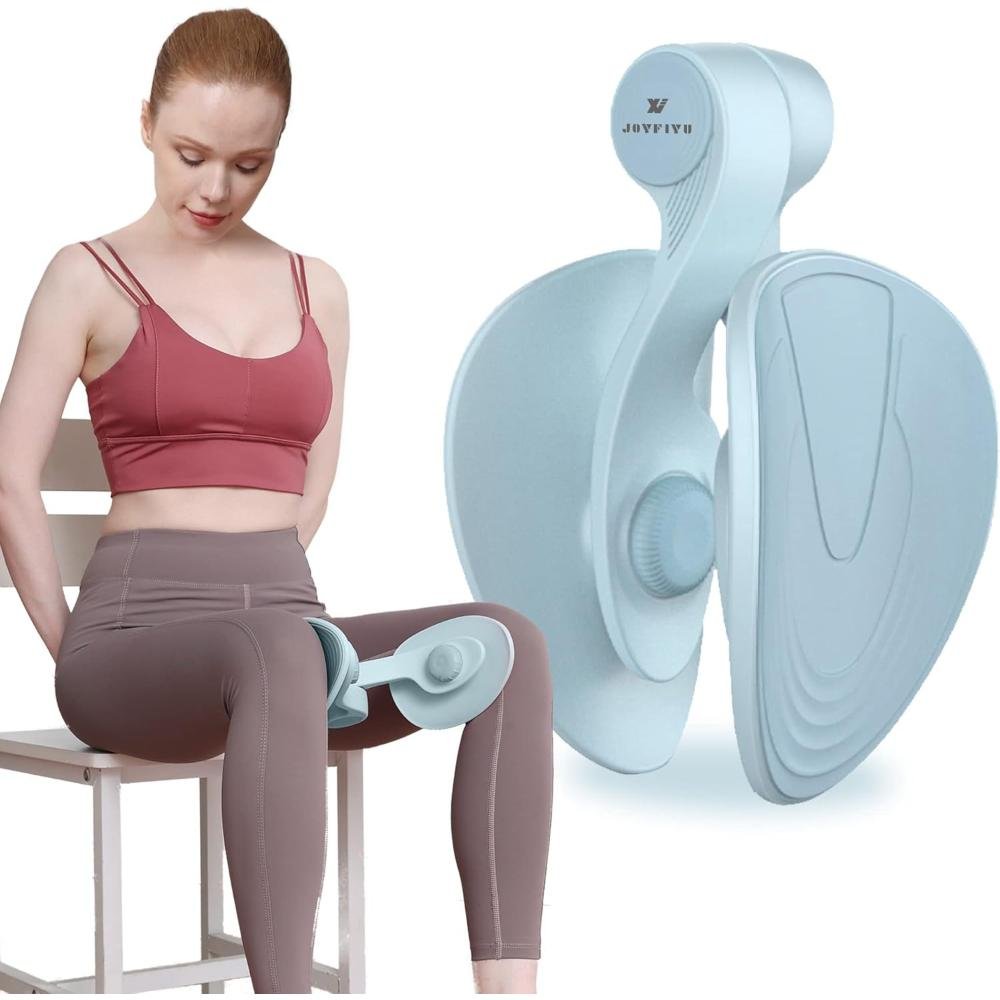 Light blue inner thigh exerciser with ergonomic shape, cushioned pads, spring resistance system, and woman demonstrating seated thigh squeeze exercise
