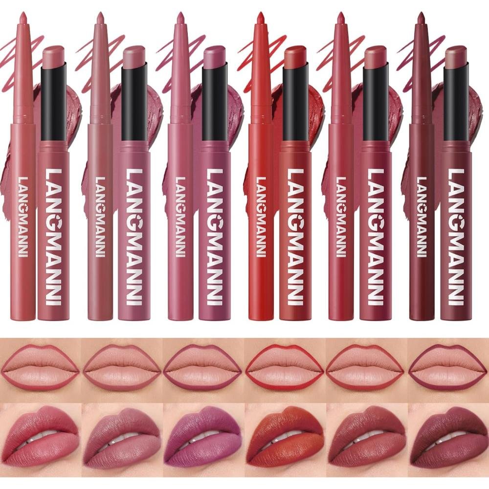 Jolilab Langmanni 12 piece lip liner and matte lipstick combo set showing nude pink red and berry shades with lip swatch photos