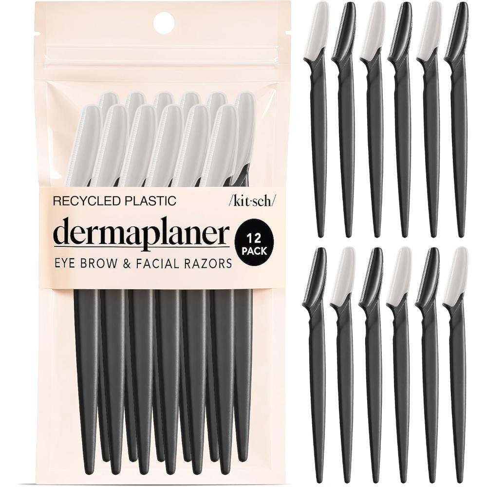 Kitsch Dermaplaner facial razor 12 pack in resealable recycled plastic bag black and white razors for face and eyebrow dermaplaning
