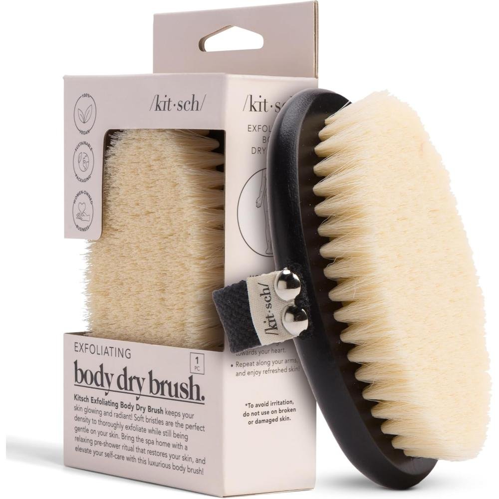 Kitsch Exfoliating Body Dry Brush with black wooden handle and soft vegan bristles in packaging for lymphatic drainage dry skin removal