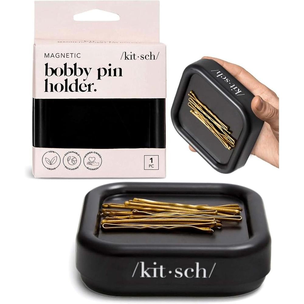 Kitsch magnetic bobby pin holder matte black square dish with gold bobby pins for vanity desk organization hair clips and paper clips