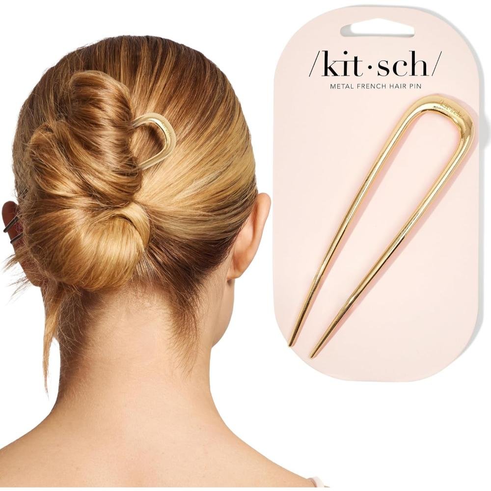 Kitsch gold metal French hair pin U-shaped fork pin for elegant updo bun and twist hairstyles with secure all-day hold