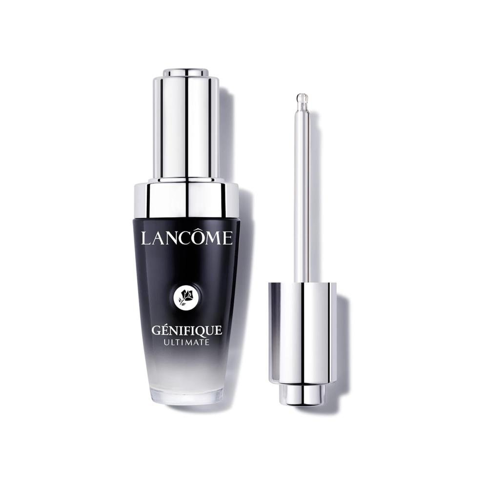 Lancôme Génifique Ultimate anti-aging serum in black luxury bottle with silver dropper applicator for fine lines and skin texture