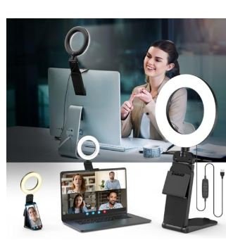 LED ring light with adjustable phone holder and laptop clip mount shown illuminating woman during video conference call with multiple usage examples